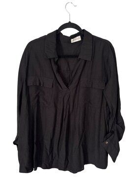 The Nines Popover Shirt Plus Size 3X Collared VNeck Roll Tab Sleeve Black Career
